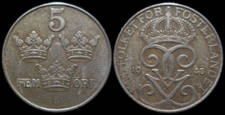 5 эре Швеция 1948 (Король Густав V)